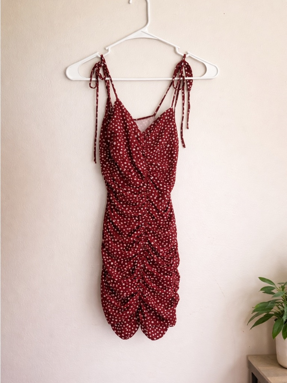 Windsor Red Polka Dot Tie-Shoulder Ruched Mini Dress